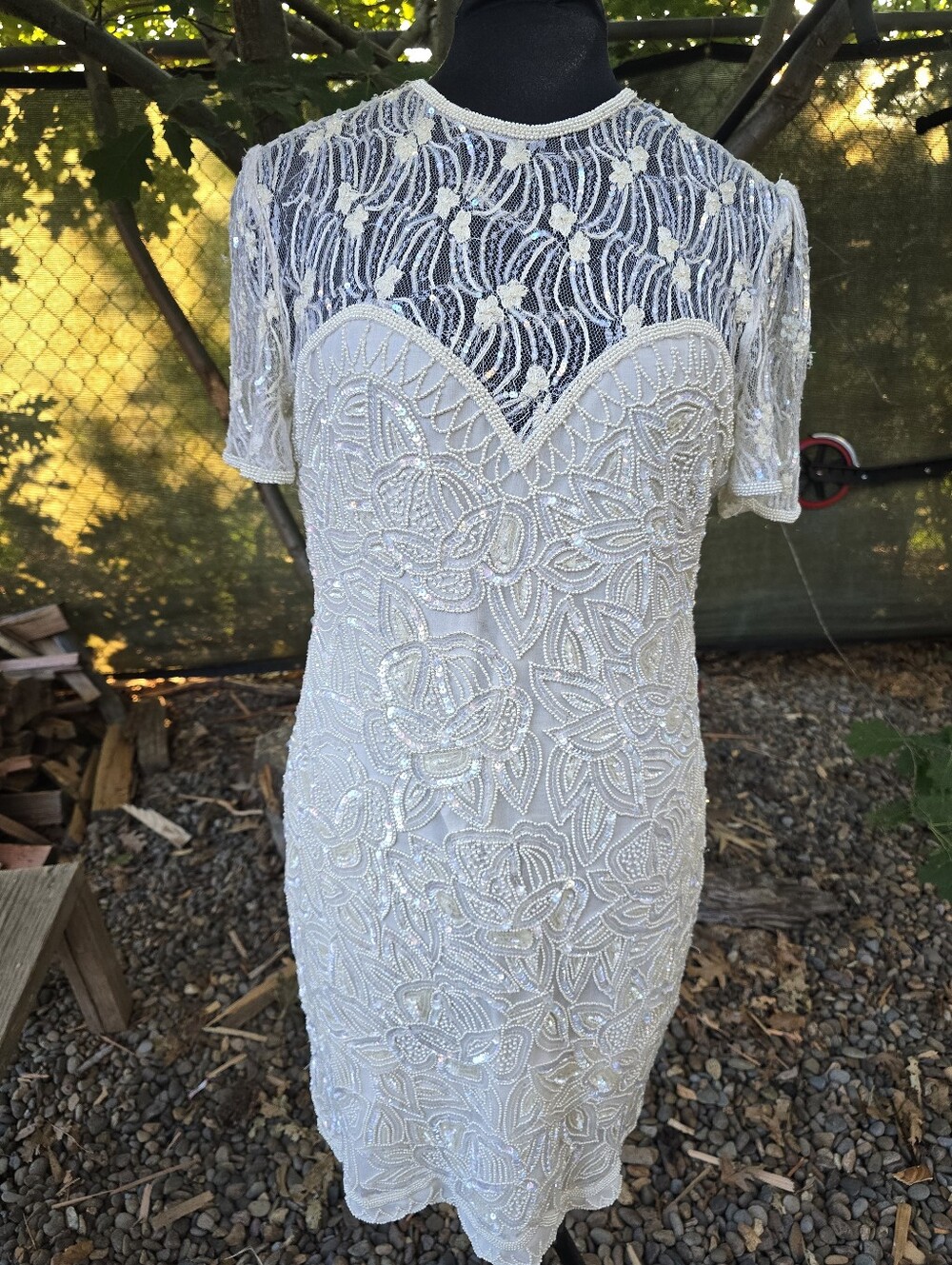 Vtg 80s 90s Cream Beaded Lace Cocktail Dress Prom Evening Glam Old Hollywood
